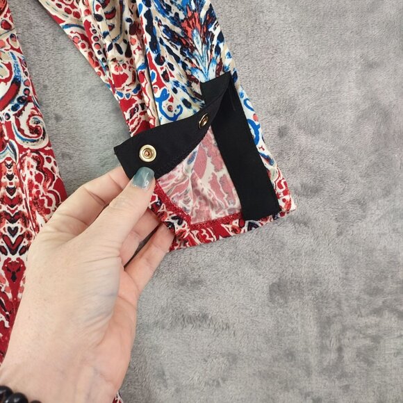 Rafaella Womens Tunic Top S Red Paisley Grommet Button Trim Stretch Career - Picture 5 of 10